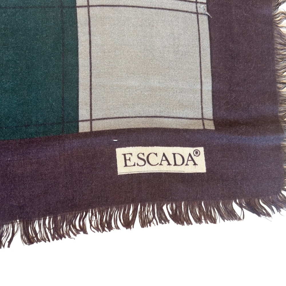 Escada Green , Burgundy and Cream Checkered Silk Blend Scarf - Picture 3 of 5